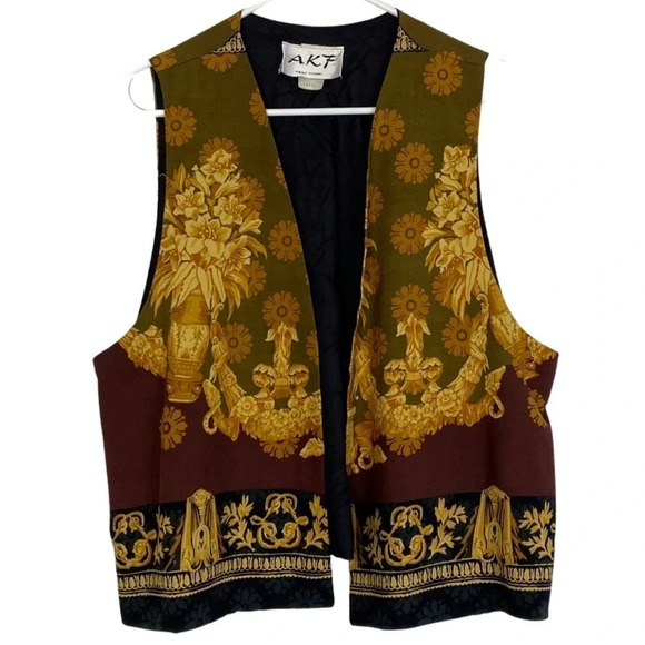 Vintage 80s Vest Womens Size Large Nerdy Granny Core Gold Black Printed Rare EUC - Picture 1 of 6